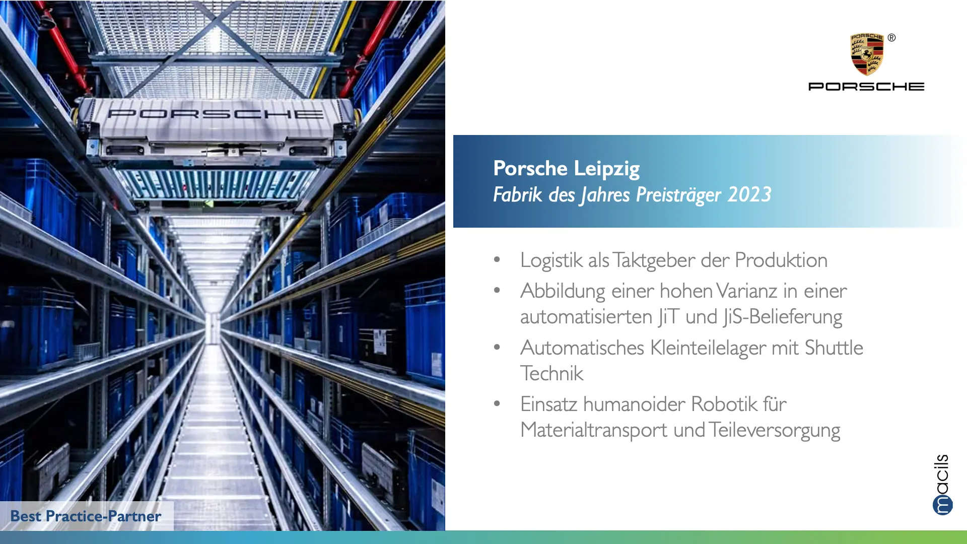 Porsche Leipzig automatisches Kleinteilelager mit Shuttle-System und digitalisierter Logistik in der Produktion